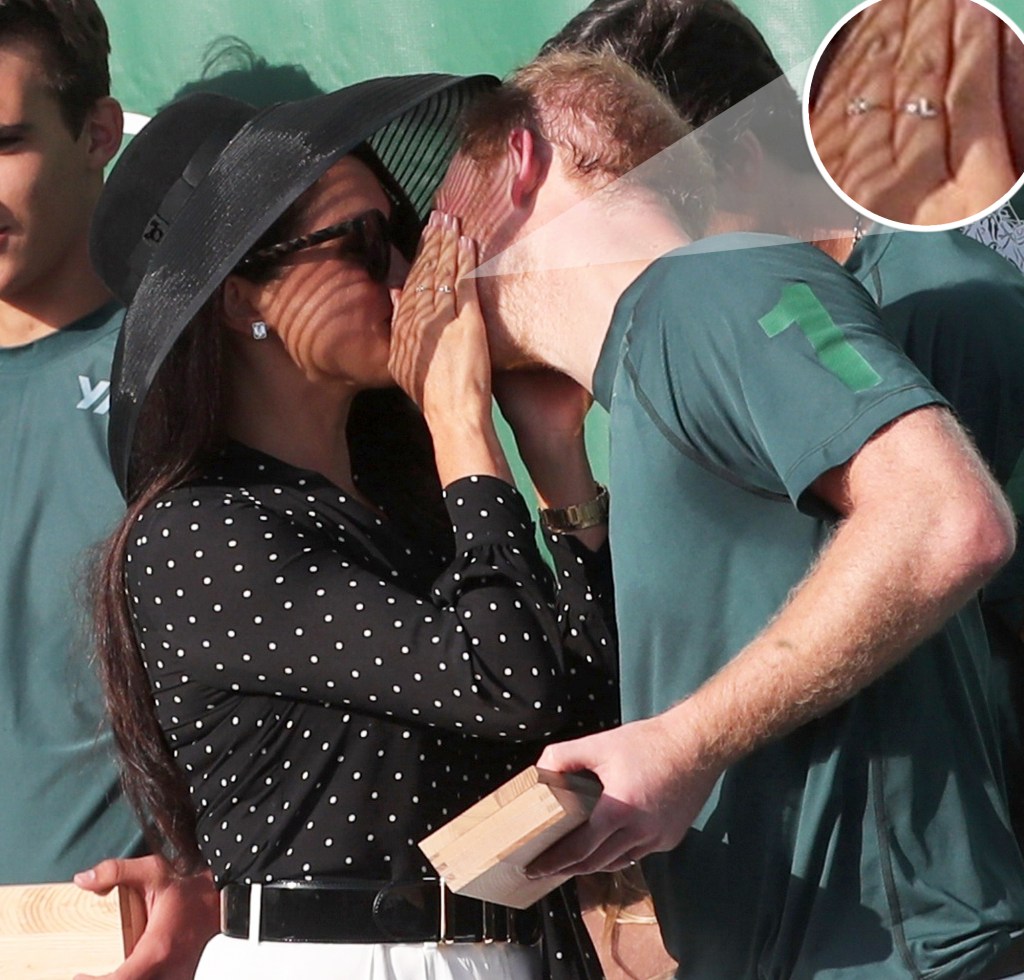 Meghan Markle kissing Prince Harry and showing her ring