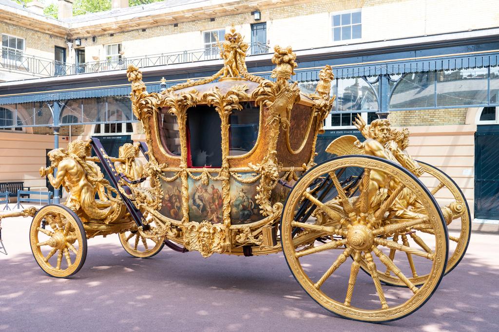 The Gold State Coach, which will be used as part of Queen Elizabeth's Platinum Jubilee celebrations at the Royal Mews, Buckingham Palace.