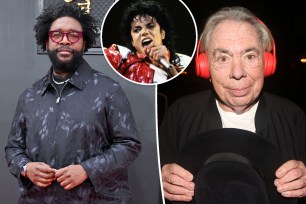 A split of Questlove and Andrew Lloyd Webber with an inset of Michael Jackson.