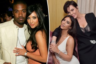 A split photo of Ray J and Kim Kardashian posing for a photo and a photo of Kim Kardashian and Kris Jenner posing for a photo