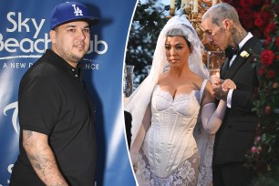 A split of Rob Kardashian on a red carpet and Kourtney Kardashian and Travis Barker at their Italian wedding.