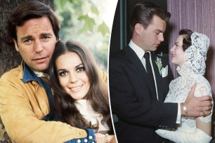 A split of Robert Wagner hugging Natalie Wood from behind and the couple on their wedding day.