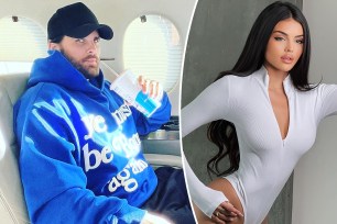 Scott Disick ion a private jet, split with a photo of Holly Scarfone modeling a white Talentless bodysuit