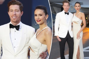 Two photos of Shaun White and Nina Dobrev on the red carpet at the U.K. premiere of "Top Gun: Maverick"