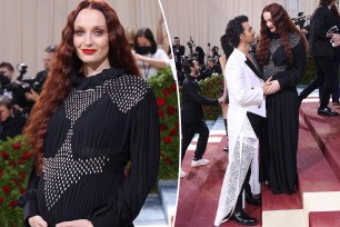 A split of Sophie Turner solo at the 2022 Met Gala and Turner posing with Joe Jonas at the 2022 Met Gala.