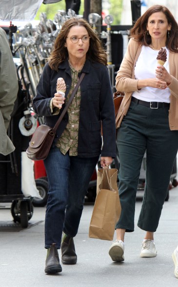 Julia Louis-Dreyfus and Michaela Watkins are seen on the set of "Beth and Don."