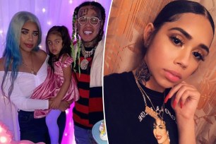 A split of Tekashi 6ix9ine and Sara Molina holding their daughter, Saraiyah, and Molina in a selfie.