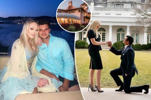 A split of Tiffany Trump and Michael Boulos posing on a boat and getting engaged in the Rose Garden of the White House with an inset of the exterior of Mar-a-Lago.