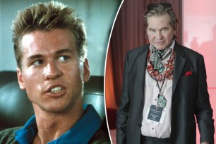 Val Kilmer, who was catapulted to superstardom after appearing as “Iceman” in 1986’s “Top Gun” (far left) is back in the part 36 years later after a two-year battle with cancer that’s left him without the ability to easily speak.