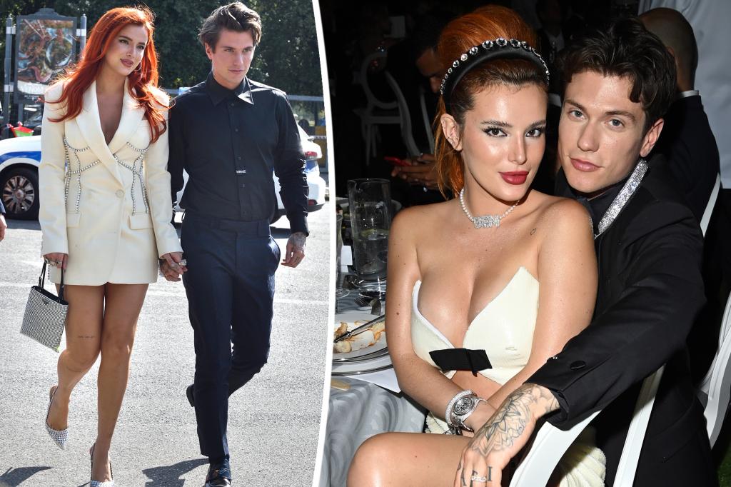 Split photo showing Bella Thorne holding Benjamin Mascolo's hand, and a photo of the couple at an event together