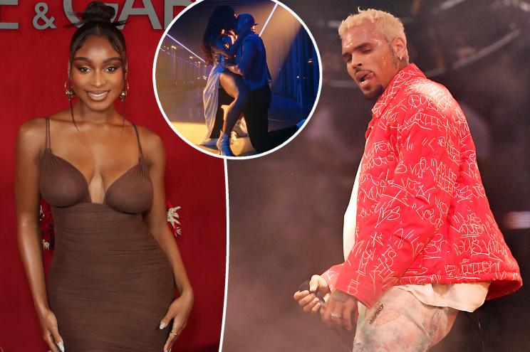 Photo of Normani in a brown dress, split with a picture of Chris Brown performing, and a circle showing the pair in his "WE" music video