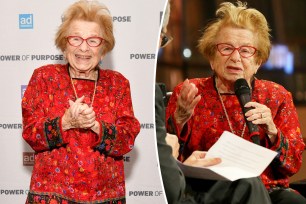 A split of Dr. Ruth on a red carpet and talking into a microphone.