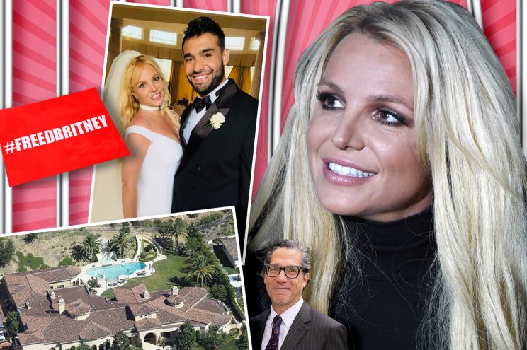 A composite image of Britney Spears smiling solo, Spears posing with Sam Asghari at their wedding, Mathew Rosengart, an aerial view of Spears' home and a red #FreeBritney flag.