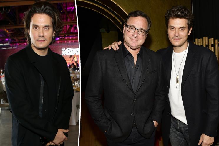 A split of John Mayer solo and Mayer with Bob Saget.