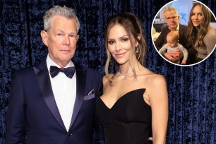 Katharine McPhee and David Foster at an event with an inset of the couple with their son, Rennie.