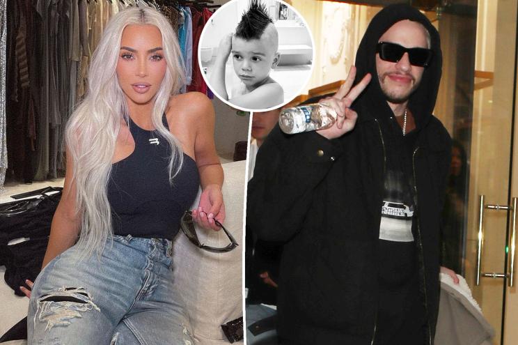 A split of Kim Kardashian and Pete Davidson with an inset of Reign Disick.