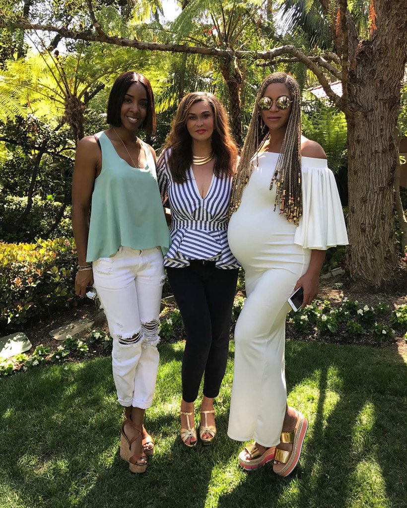 Kelly Rowland, Tina Knowles Lawson and Beyoncé at Beyoncé's 2017 baby shower.