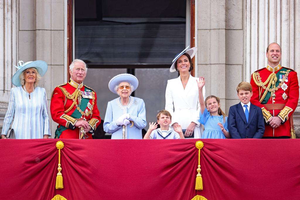 Camilla Parker Bowles, Prince Charles, Queen Elizabeth II, Prince Louis, Kate Middleton, Princess Charlotte, Prince George and Prince William on the balcony of Buckingham Palace.