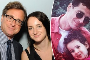 A split photo of Bob Saget and Lara Saget posing for a photo and a throwback photo of them