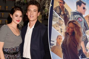 A split image of Miles Teller and Shailene Woodley and Woodley posing with the "Top Gun: Maverick" movie poster.