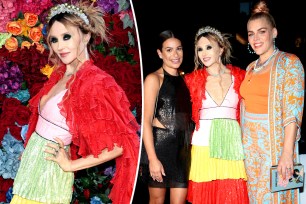 Stacey Bendet in colorful gown and a picture of her with Lea Michele and Busy Philipps.