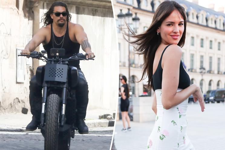 A photo of Jason Momoa riding a motorcycle and Eiza González posing at an event.