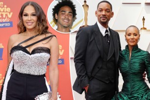 Picture of Sheree Zampino split with a picture of Will Smith and Jada Pinkett Smith and a circle of Trey Smith