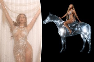 A split of Beyoncé posing in a sheer silver gown and the cover of Beyoncé's "Renaissance" alum.