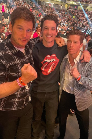 FIRST RULE OF FIGHT CLUB... . . . is you don’t talk about Fight Club. Chris Pratt (from left), Miles Teller and Shaun White spill the beans by sharing a snap of a Las Vegas UFC event.