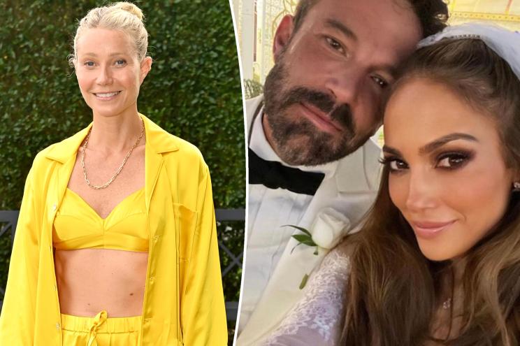 A split of Gwyneth Paltrow at an event and Jennifer Lopez and Ben Affleck in a selfie at their wedding.