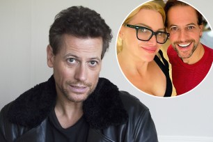 Ioan Gruffudd posing for a photo along with a small photo of a selfie with him and Alice Evans