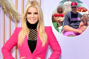 jessica simpson with an inset photo of her husband and daughter who is sucking on a pacifier