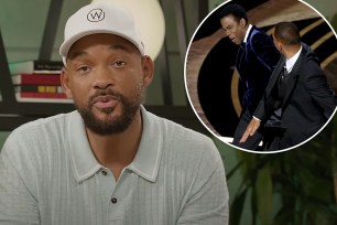 A screenshot of Will Smith talking in a video with an inset of Smith slapping Chris Rock at the 2022 Oscars.