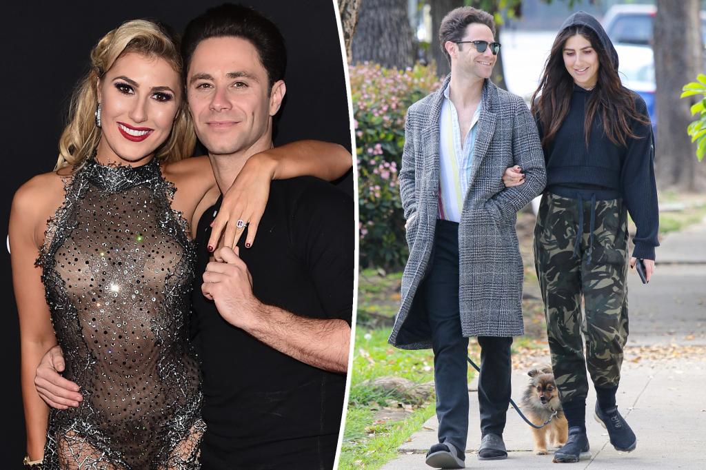 A split photo of Emma Slater and Sasha Farber posing for a photo and a photo of them walking