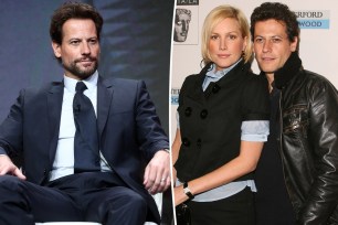 Ioan Gruffudd sitting in a chair split with him and Alice Evans.