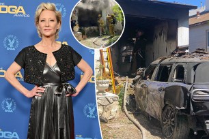 A split of Anne Heche a photo of a burned vehicle and firefighters in the inset.