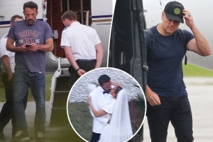 A split image of Matt Damon and Ben Affleck flying private with an inset of Affleck and Jennifer Lopez at their wedding.