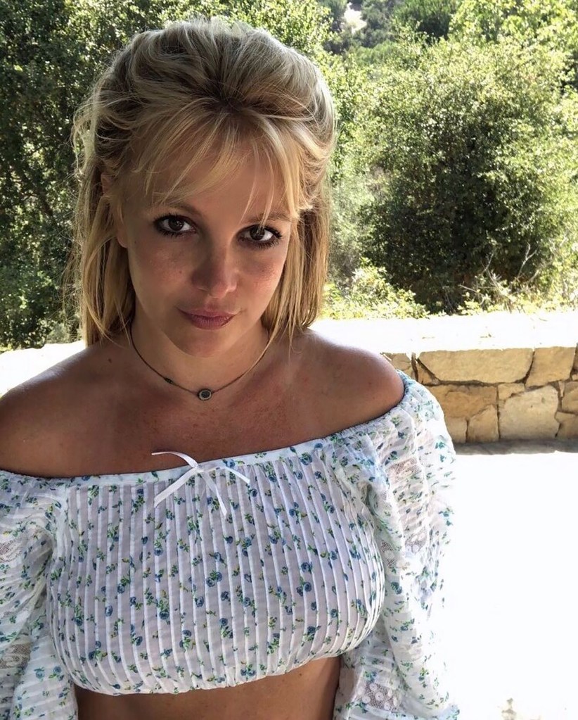 Britney Spears posing in her backyard.