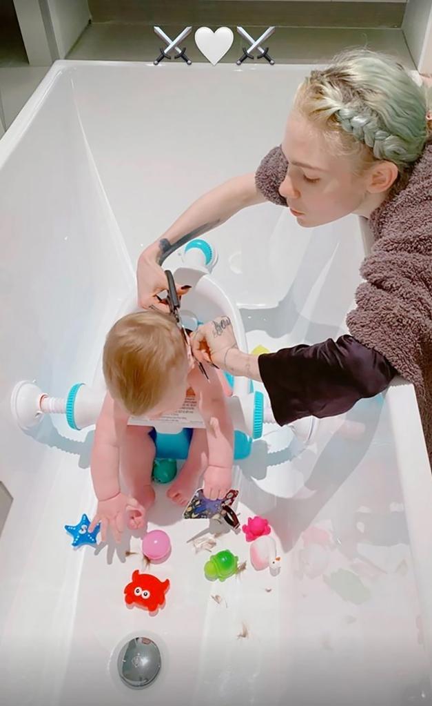 Grimes has also played hairdresser for their son.