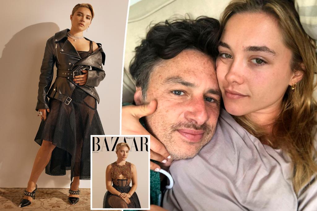 florence pugh on harper's bazaar cover with a split photo of her and zach braff