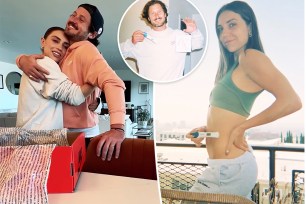 A split photo of Jenna Johnson and Val Chmerkovskiy hugging and a photo of Johnson with a pregnancy test along with a small photo of Val Chmerkovskiy holding sneakers and a test