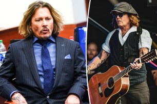 split photo of johnny depp on the stand and johnny depp performing