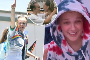 JoJo Siwa on TikTok split with a photo of her walking outside with an inset of her and her girlfriend Kylie Prew.