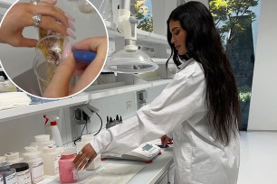 Kylie Jenner in a lab coat in her cosmetics lab and a close-up photo of her handling product