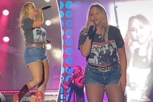 Split photo showing two different angles of Miranda Lambert performing on stage
