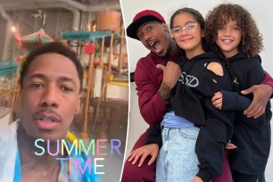 A split of nick cannon at the water park and nick cannon with his kids