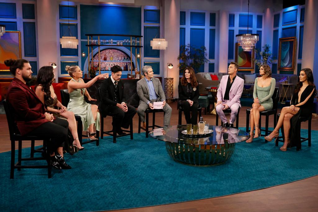 Brock Davies, Ariana Madix, Tom Sandoval, Andy Cohen, Lisa Vanderpump, James Kennedy, Raquel Leviss, and Charli Burnett posing for "Vanderpump Rules"