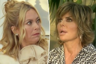 A split photo of SUtton Stracke looking shocked and a photo of Lisa Rinna talking