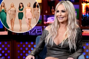 A photo of Taylor Armstrong sitting on "WWHL" and a photo of the Season 16 "RHOC" cast