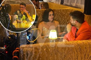 Katie Maloney and Tom Schwartz sitting at a bar talking along with a small photo of them talking at the same bar a different night